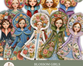 Vintage Paper Dolls Printable, Floral PaperDoll , Flower Girls, Fussy Cuts, Junk Journal Ephemera, PaperPrintsPro