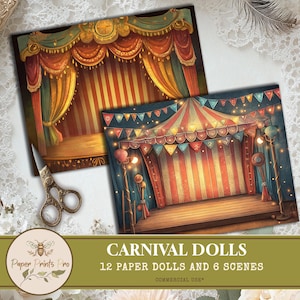 Paper Dolls - 12 Carnival-Themed Dolls and 6 Vintage Scenes for Junk Journals, Scrapbooking, and Puppet Stories