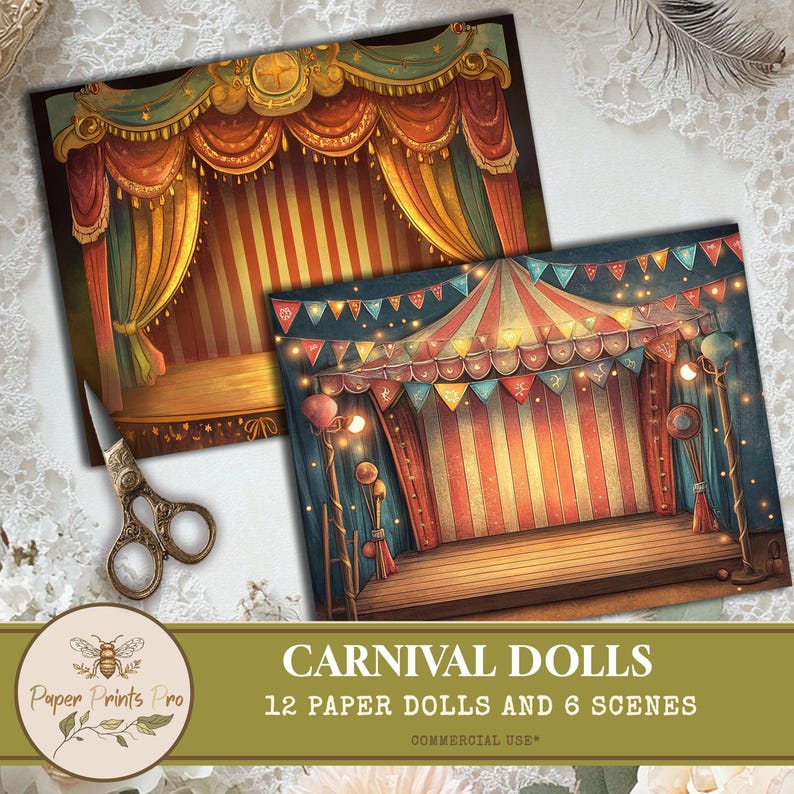 Paper Dolls - 12 Carnival-Themed Dolls and 6 Vintage Scenes for Junk Journals, Scrapbooking, and Puppet Stories