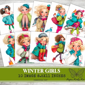 Winter Girls Clipart: Bright Scrapbook Illustrations (Digital JPG Set, Instant Download)