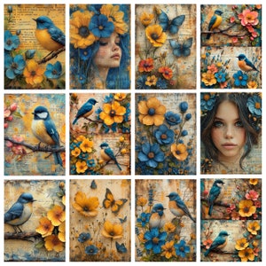 Junk Journal Digital Kit - Birds & Flowers Yellow-Blue Decoupage Papers for Postcards -Digital a4 scrapbook paper