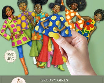 Groovy Girls Printable Paper Dolls, Retro Girl PNG Clipart, Digital Stickers, Junk Journal Ephemera