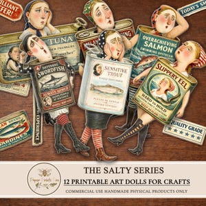 Printable paper dolls set by PaperPrintsPro featuring 12 vintage fish character dolls inspired by retro sardine tins. Includes expressive illustrated paper dolls, vintage advertising ephemera labels, and decorative background papers. Designed for printing and cutting, ideal for junk journals, scrapbooking, handmade paper crafts, and mixed media projects. Digital download only.