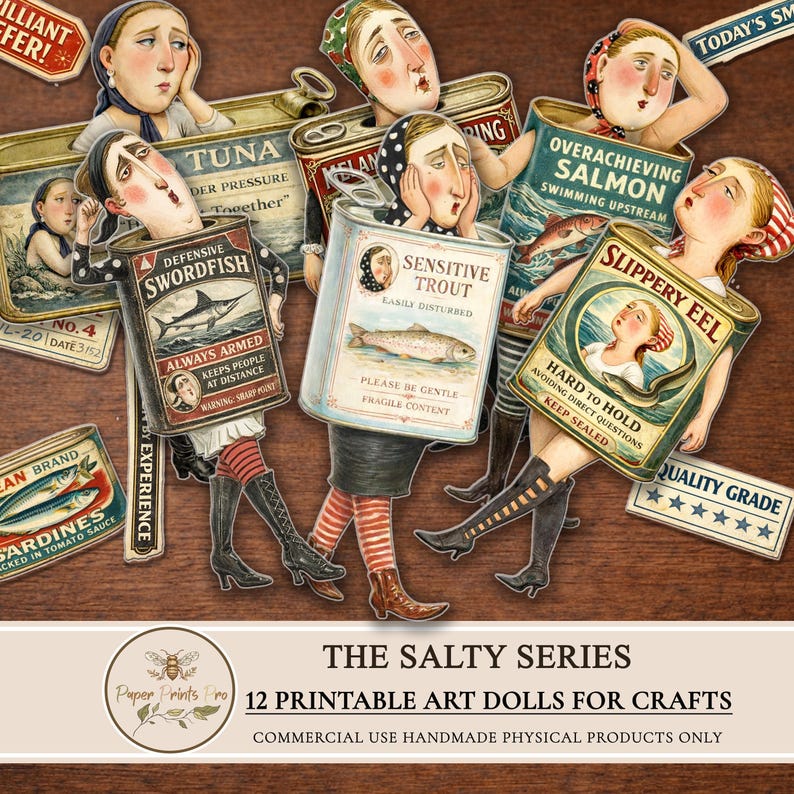 Printable paper dolls set by PaperPrintsPro featuring 12 vintage fish character dolls inspired by retro sardine tins. Includes expressive illustrated paper dolls, vintage advertising ephemera labels, and decorative background papers. Designed for printing and cutting, ideal for junk journals, scrapbooking, handmade paper crafts, and mixed media projects. Digital download only.