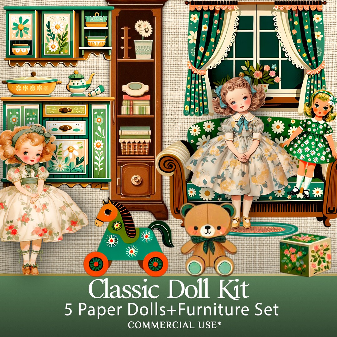 5 Paper Dolls printable Dollhouse Kit With Kitchen and Bedroom ...