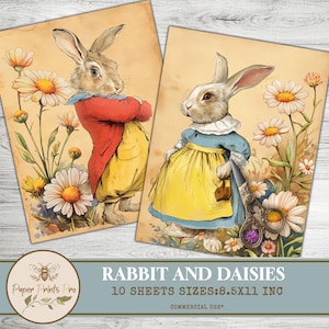 10 Vintage Rabbit illustrations with Daisies for scrapbooking, junk journals, greeting cards, and DIY crafts-Paper Prints Pro