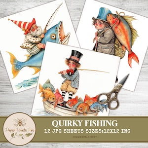 Vintage Quirky Fishing Clipart – 12 JPG Bright Retro Illustrations for Scrapbooking & Crafts-Clip Art Paper Prints Pro