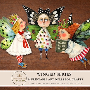 Printable paper dolls digital clipart featuring winged art characters inspired by fairy and butterfly aesthetics. This set includes unique illustrated art dolls designed for crafting, junk journals, scrapbooking, collage, and handmade physical projects. High-quality printable artwork suitable for personal use and limited commercial use in handmade crafts.