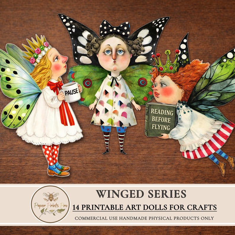 Printable paper dolls digital clipart featuring winged art characters inspired by fairy and butterfly aesthetics. This set includes unique illustrated art dolls designed for crafting, junk journals, scrapbooking, collage, and handmade physical projects. High-quality printable artwork suitable for personal use and limited commercial use in handmade crafts.