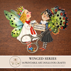 Printable paper dolls digital clipart featuring winged art characters inspired by fairy and butterfly aesthetics. This set includes unique illustrated art dolls designed for crafting, junk journals, scrapbooking, collage, and handmade physical projects. High-quality printable artwork suitable for personal use and limited commercial use in handmade crafts.