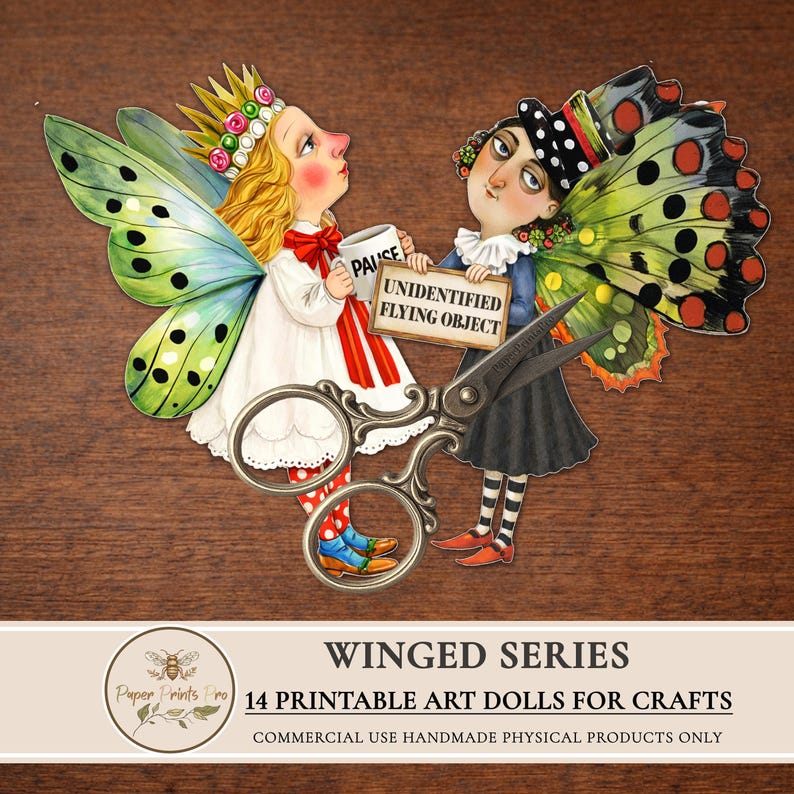 Printable paper dolls digital clipart featuring winged art characters inspired by fairy and butterfly aesthetics. This set includes unique illustrated art dolls designed for crafting, junk journals, scrapbooking, collage, and handmade physical projects. High-quality printable artwork suitable for personal use and limited commercial use in handmade crafts.