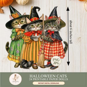 Halloween cat paper dolls: 24 printable black, tabby and ginger cats dressed as witches in colorful vintage Halloween costumes with hats, brooms, pumpkins and bows. Instant digital download includes high-resolution PNG files with transparent backgrounds and JPG printable sheets, ideal for Halloween crafts, junk journals, scrapbooking, card making and fussy cutting.