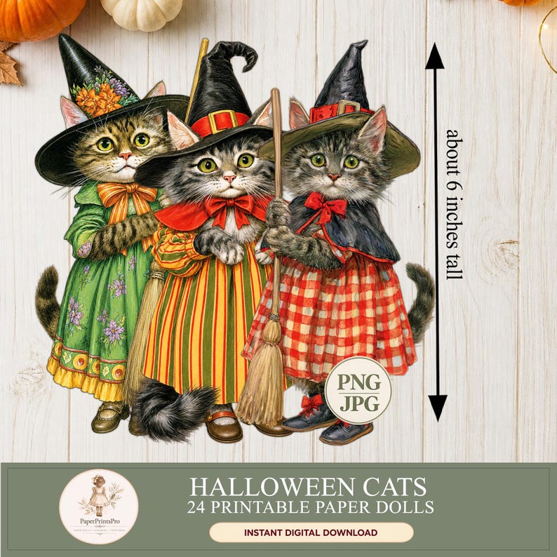 Halloween cat paper dolls: 24 printable black, tabby and ginger cats dressed as witches in colorful vintage Halloween costumes with hats, brooms, pumpkins and bows. Instant digital download includes high-resolution PNG files with transparent backgrounds and JPG printable sheets, ideal for Halloween crafts, junk journals, scrapbooking, card making and fussy cutting.