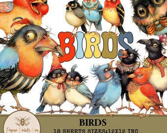 Vintage Bird Clipart: 18 JPG Digital Papers for Scrapbooking (Digital Download)