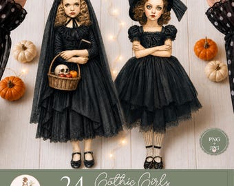 Printable Gothic Paper Dolls, Halloween Girls Clipart, Witch PNG, Spooky Season, Scrapbooking, PaperPrintsPro