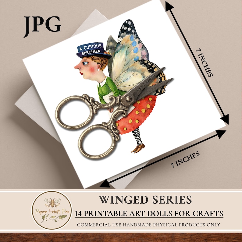 Printable paper dolls digital clipart featuring winged art characters inspired by fairy and butterfly aesthetics. This set includes unique illustrated art dolls designed for crafting, junk journals, scrapbooking, collage, and handmade physical projects. High-quality printable artwork suitable for personal use and limited commercial use in handmade crafts.