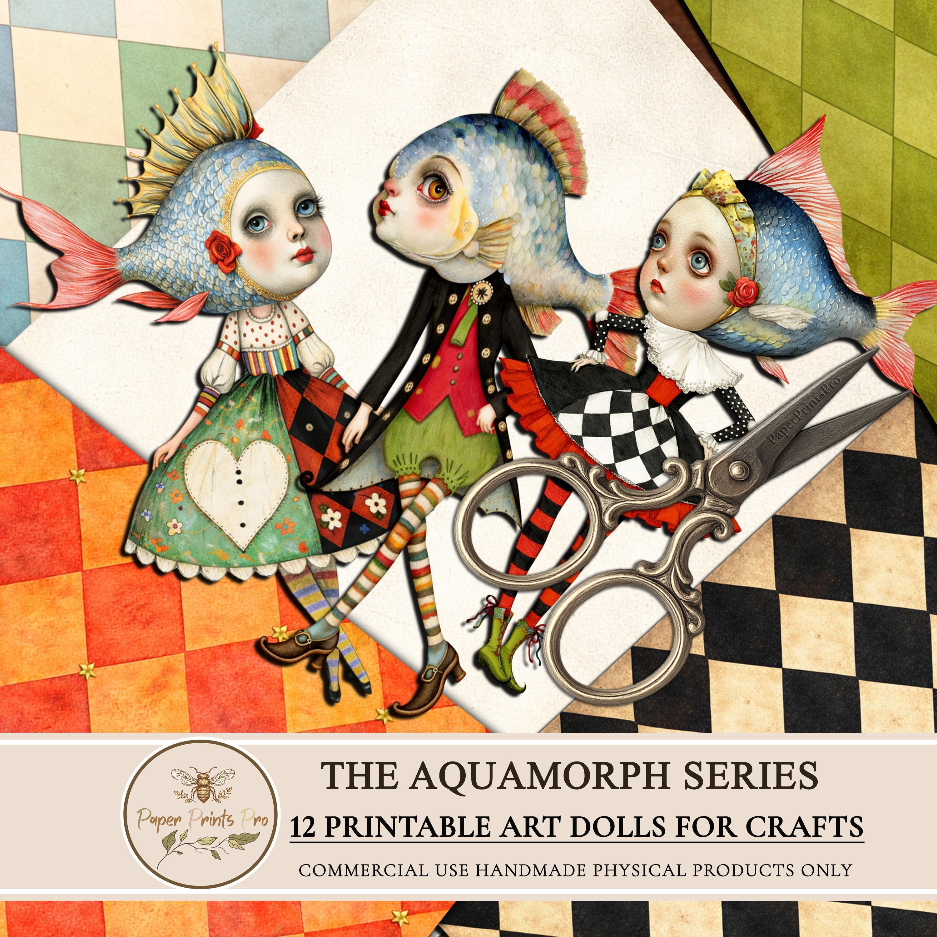 Printable Paper Dolls Fish Head -PNG JPG With Digital Papers, Ephemera ...