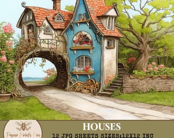 12 fondos de casas de campo luminosas - JPG imprimible, fondos de fantasía de 12x12 pulgadas para manualidades – PaperPrintsPro