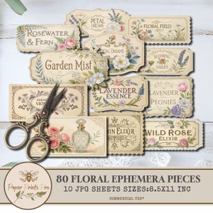 Vintage Floral Ephemera Set: Botanical Labels, Cards, Tags (Digital Download, 80 Pieces)