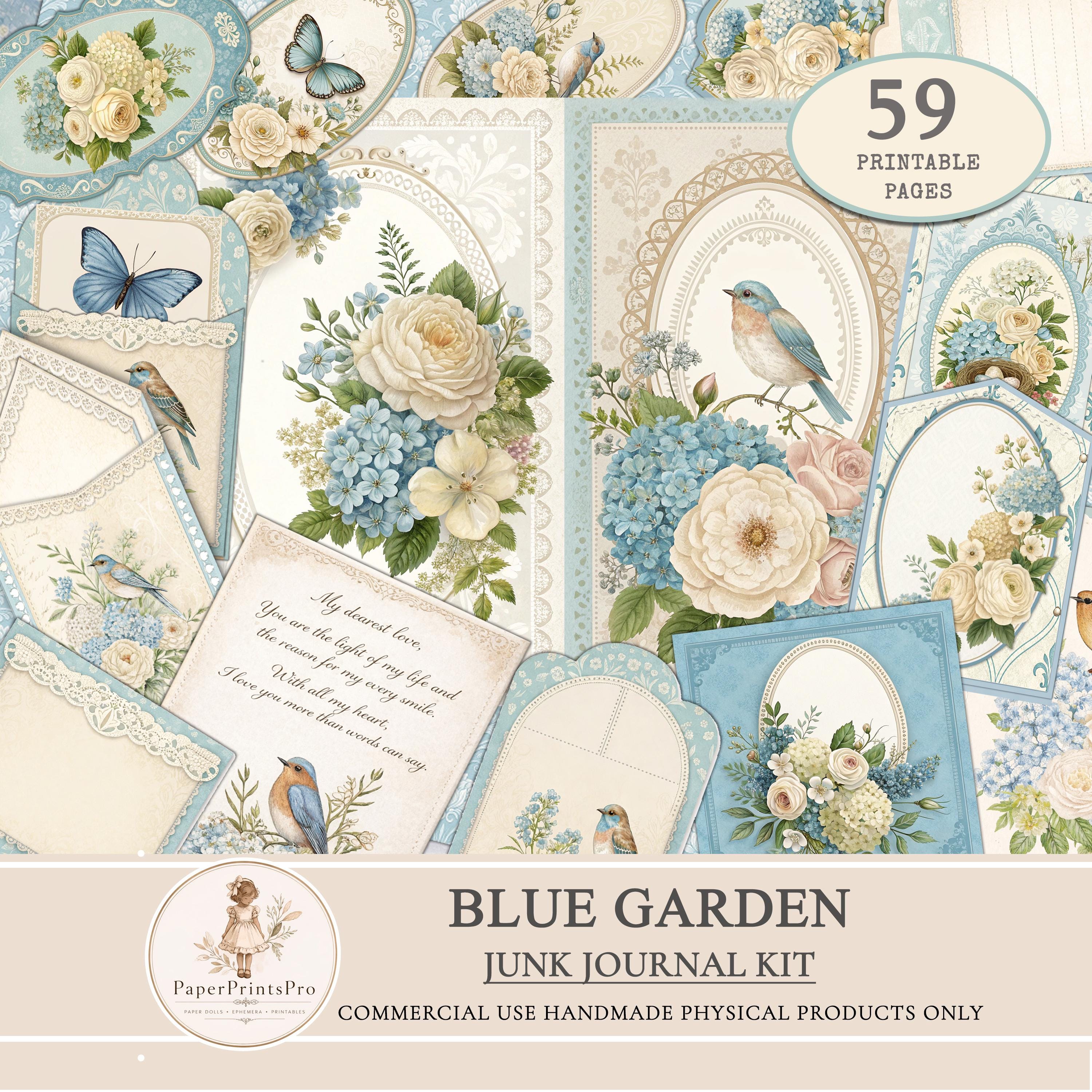 Junk Journal Kit, Blue Floral Scrapbook Paper, Printable Pack, Shabby ...