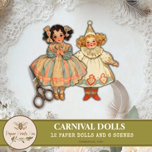 Paper Dolls - 12 Carnival-Themed Dolls and 6 Vintage Scenes for Junk Journals, Scrapbooking, and Puppet Stories