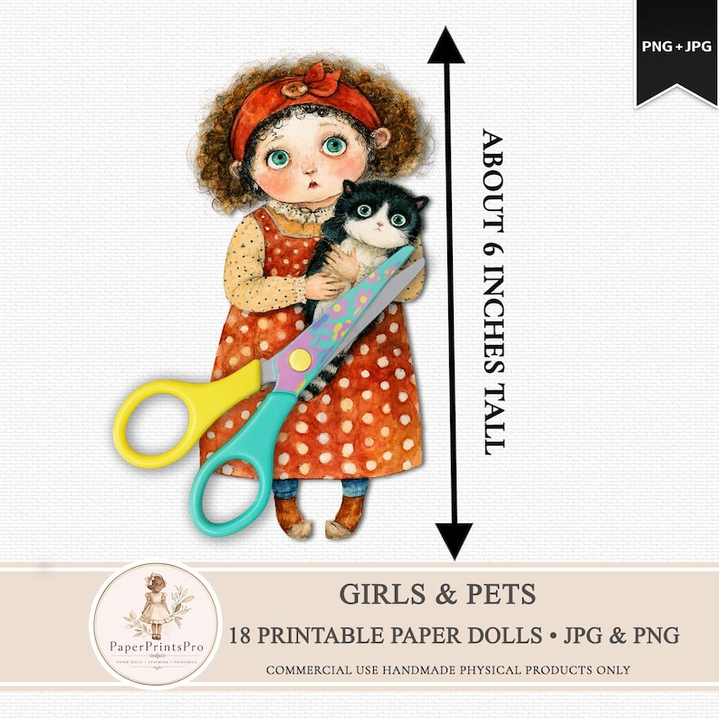 Whimsical printable paper dolls featuring charming girls holding animals including foxes, frogs, kittens, rabbits, ducks, geese, owls, goats, chickens, raccoons, piglets and more. Includes PNG files with transparent backgrounds and ready-to-print JPG pages. Storybook watercolor illustration style with soft vintage-inspired colors, designed for junk journals, scrapbooking, collage, handmade crafts and creative projects by PaperPrintsPro.