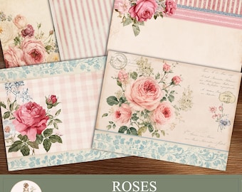 Vintage Rose Digital Paper Pack, Shabby Chic Junk Journal Kit, Printable Floral Backgrounds, Cottagecore , French Pages ,  PaperPrintsPro