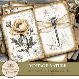 10 Vintage Nature Journal Pages – Botanical and Insect-Themed Printable Kit, 300 DPI Digital Junk Journal Ephemera with Commercial License