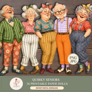 Puede incluir: Una ilustración digital de cinco personajes mayores de pie en fila. Los personajes visten ropa colorida con estampados, incluyendo cárdigans, pantalones florales, pantalones a rayas y petos. Una insignia circular muestra el texto PNG JPG.