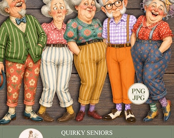 Digital  Paper Dolls, Printable Funny Old Lady, Elderly Man Clipart, Vintage People PNG, PaperPrintsPro