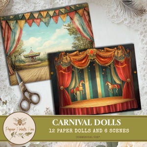 Paper Dolls - 12 Carnival-Themed Dolls and 6 Vintage Scenes for Junk Journals, Scrapbooking, and Puppet Stories