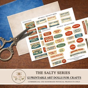 Printable paper dolls set by PaperPrintsPro featuring 12 vintage fish character dolls inspired by retro sardine tins. Includes expressive illustrated paper dolls, vintage advertising ephemera labels, and decorative background papers. Designed for printing and cutting, ideal for junk journals, scrapbooking, handmade paper crafts, and mixed media projects. Digital download only.