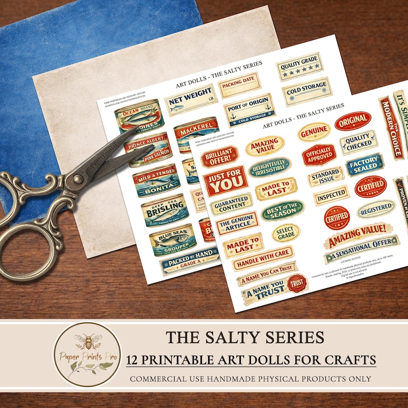 Printable paper dolls set by PaperPrintsPro featuring 12 vintage fish character dolls inspired by retro sardine tins. Includes expressive illustrated paper dolls, vintage advertising ephemera labels, and decorative background papers. Designed for printing and cutting, ideal for junk journals, scrapbooking, handmade paper crafts, and mixed media projects. Digital download only.