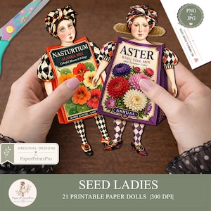 Paper Dolls Printable , Vintage Seed Packet Dolls, Flower Ephemera PNG JPG, Junk Journal, PaperPrintsPro
