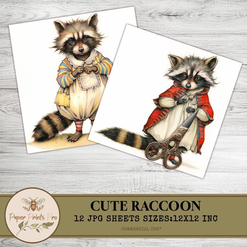Cute Raccoon Clipart, Vintage Animal Illustration, 12 JPG Images, 12x12 Inch, for Scrapbooking & Crafts -Clip Art Paper Prints Pro