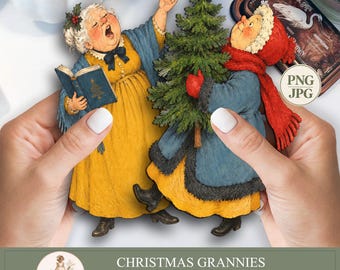 Weihnachtspapierpuppen zum Ausdrucken, 24 Oma-PNGs, Junk-Journal-Zubehör, Cliparts älterer Damen | PaperPrintsPro