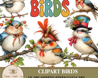 Vintage Birds Clipart: Whimsical 12x12 Inch Digital Paper (Digital Download)