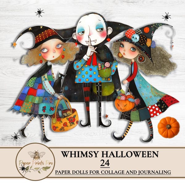 Whimsy Halloween 24 Paper Dolls Clipart – Printable Ephemera for Junk Journals and Crafts -PaperPrintsPro