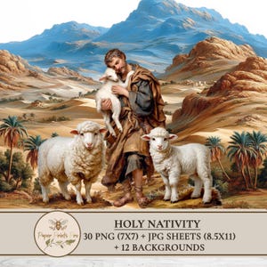 Holy Nativity clipart set with 30 PNG figures and matching JPG print sheets plus 12 backgrounds. Includes Holy Family, wise men, shepherds, angels, animals and Bethlehem star in vintage illustration style. Perfect printable ephemera for Christmas crafts, junk journal, card making and papercraft. Digital download by PaperPrintsPro.