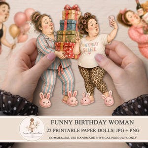 Puede incluir: Un conjunto de muñecas de papel con una mujer en pijama a rayas llevando regalos y otra haciéndose un selfie. La mujer lleva zapatillas de conejito y una camiseta con "Birthday Selfie". Incluye 22 muñecas de papel.