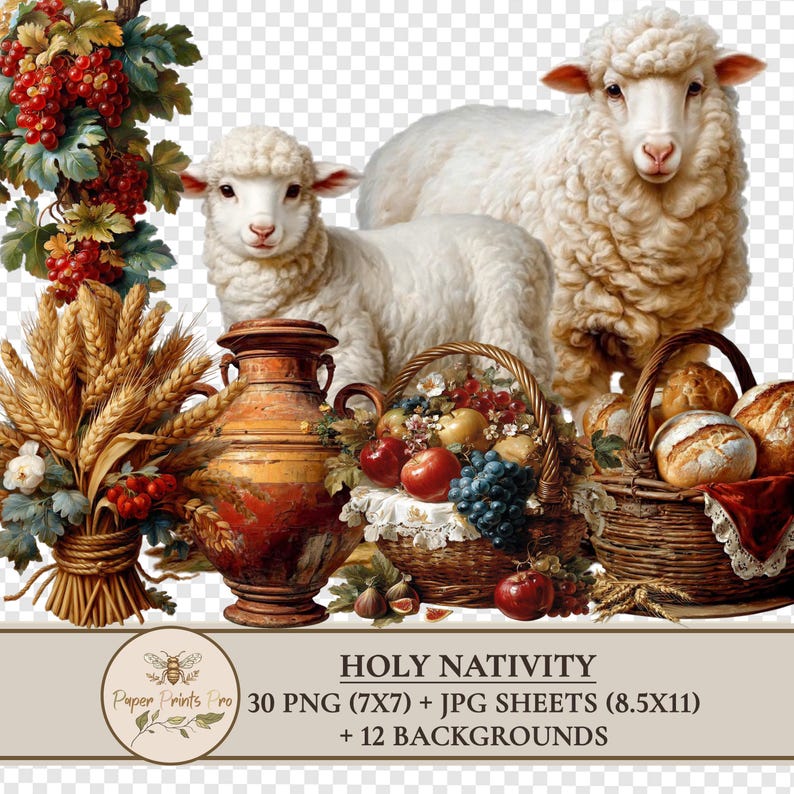 Holy Nativity clipart set with 30 PNG figures and matching JPG print sheets plus 12 backgrounds. Includes Holy Family, wise men, shepherds, angels, animals and Bethlehem star in vintage illustration style. Perfect printable ephemera for Christmas crafts, junk journal, card making and papercraft. Digital download by PaperPrintsPro.