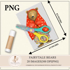 Fairytale Bears printable clipart by PaperPrintsPro, 20 PNG images, 300 DPI, whimsical anthropomorphic bears in vintage style clothing, floral dresses, scarves, coats and hats, colorful patterns, full body characters, hand painted look, perfect for junk journal, scrapbooking, collage, crafts, fussy cut, digital download for handmade projects