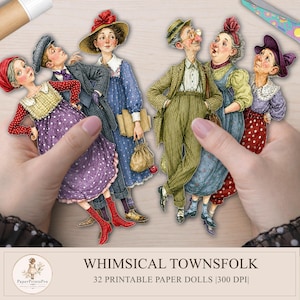 May include: A collection of illustrated paper dolls featuring various characters in colorful vintage-style clothing, including dresses, suits, and hats. The set is labeled Whimsical Townsfolk and includes 32 printable paper dolls at 300 DPI.