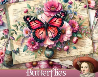 Junk Journal Kit Floral Butterfly : Vintage Scrapbook Pages (Digital Download)