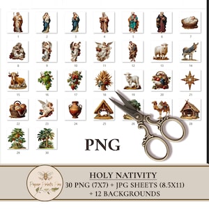 Holy Nativity clipart set with 30 PNG figures and matching JPG print sheets plus 12 backgrounds. Includes Holy Family, wise men, shepherds, angels, animals and Bethlehem star in vintage illustration style. Perfect printable ephemera for Christmas crafts, junk journal, card making and papercraft. Digital download by PaperPrintsPro.