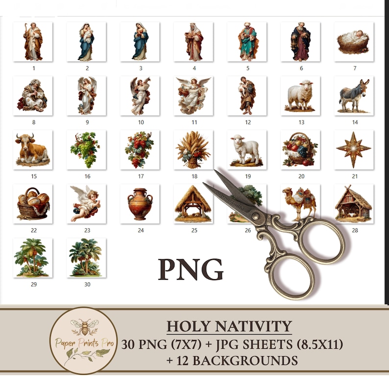 Holy Nativity clipart set with 30 PNG figures and matching JPG print sheets plus 12 backgrounds. Includes Holy Family, wise men, shepherds, angels, animals and Bethlehem star in vintage illustration style. Perfect printable ephemera for Christmas crafts, junk journal, card making and papercraft. Digital download by PaperPrintsPro.