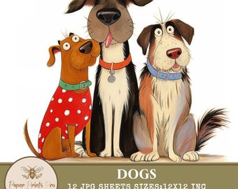 Funny Dogs Clipart - 12 Digital JPG Sheets 12x12 Inches - Whimsical Dog Illustrations for Junk Journals, Cards & Crafts - Paper Prints Pro