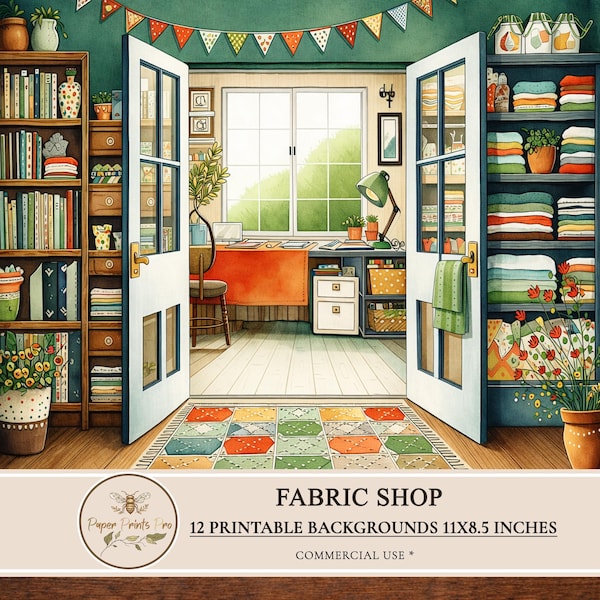 Printable Fabric Shop Backgrounds, Sewing Room Interiors, Quilt Store Scenes, Craft Studio Backdrops - PaperPrintsPro