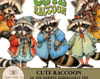 Cute Raccoon Clipart, Vintage Animal Illustration, 12 JPG Images, 12x12 Inch, for Scrapbooking & Crafts -Clip Art Paper Prints Pro