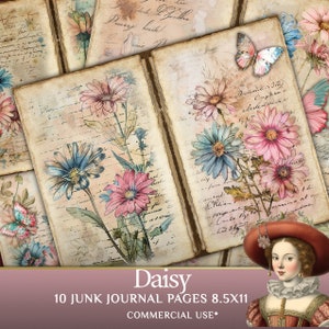 Junk Journal pages Daisy, 10 pages with Daisy and butterflies, 11 x 8.5, printable ephemera, paper craft